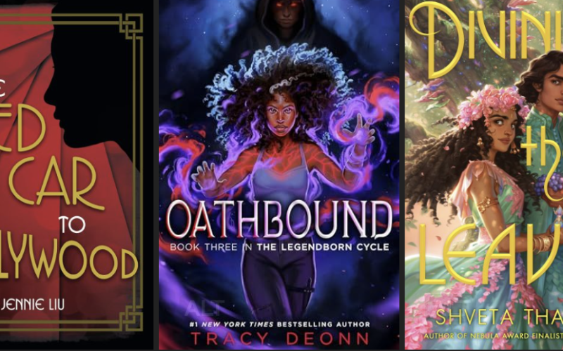 Covers of the books The Red Car to Hollywood, Oathbound, and Divining the Leaves